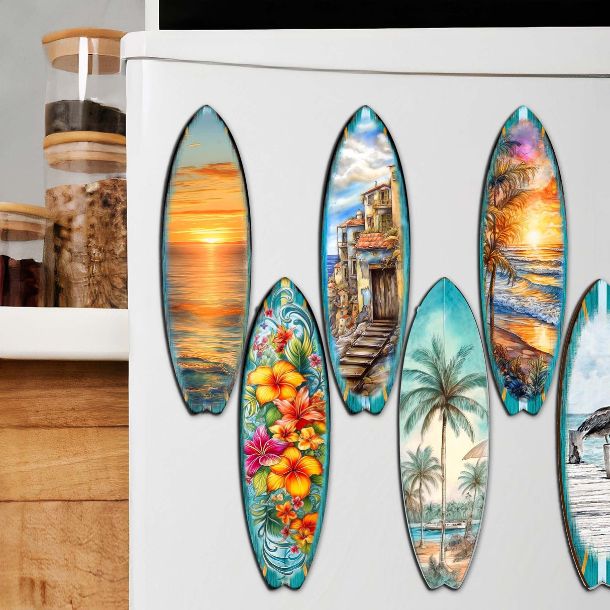 Juego de 6 imanes decorativos de madera con tablas de surf tropicales de G. Debrekht - Decoración costera - 8090069G-S6