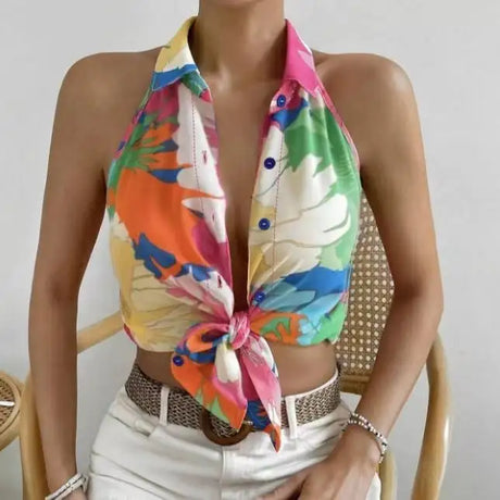 Ladies' Colorful Floral Print Sleeveless Vacation Style Loose Chiffon Shirt - Lootquake