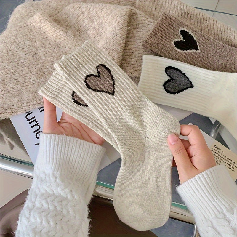 Lot de 3/5 paires de chaussettes côtelées à motif cœur, chaussettes mi-hautes confortables et douces, bas et collants pour femmes