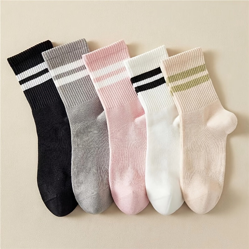 5 pares de calcetines con estampado de rayas, calcetines deportivos de tubo medio estilo universitario, medias y calcetería para mujer