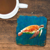 Sea Turtle Coastal Wooden Cork Coasters Gift Set of 4 by Nature Wonders - Coastal Sea-Life Decor - 95266C-S4