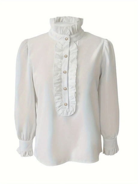 Fashionable Stand-up Collar Long-sleeved Shirt With Lotus Leaf Hem - Lootquake