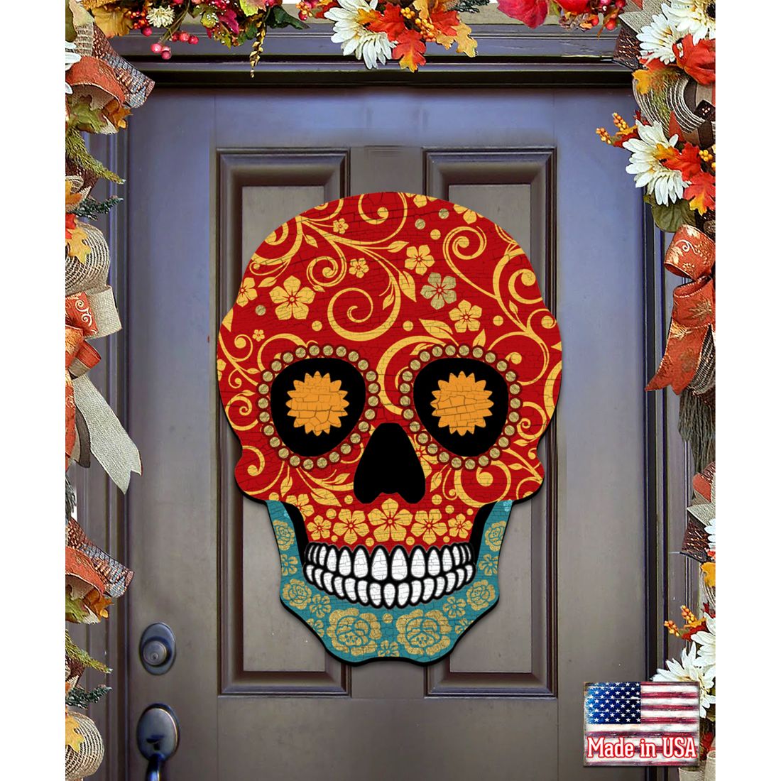 Day of The Dead Decorated Skull Halloween Door Decor by G. DeBrekht - Thanksgiving Halloween Decor - 8198443-2H