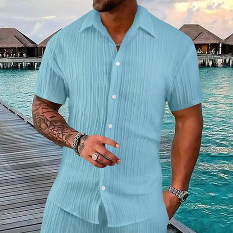 Polo Collar Solid Color Short Sleeve Button Men's Casual Loose Short Sleeves Shirt - Lootquake