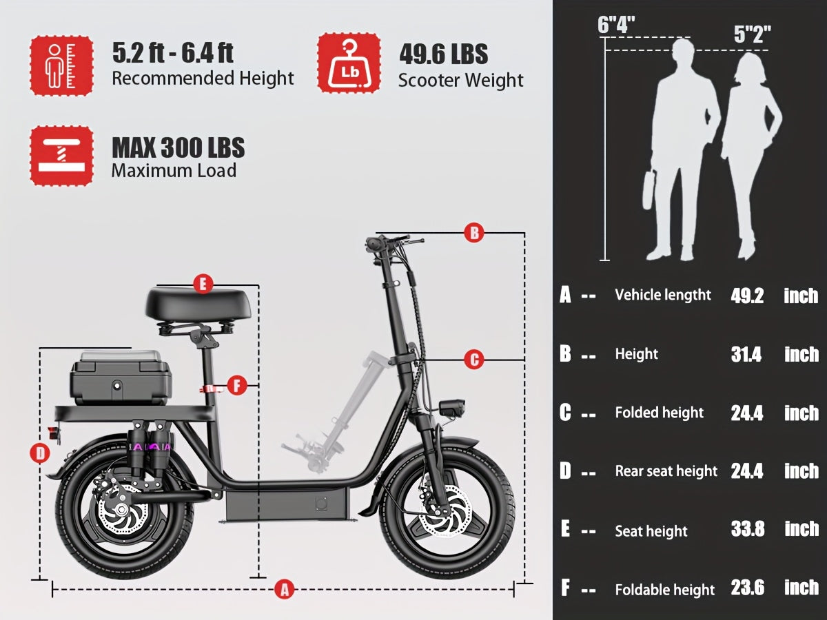 Trottinette électrique pour adultes, avec siège, moteur 740 W, autonomie jusqu'à 32 km/h, batterie 48 V 56,4 V 15 Ah, pneu 14 pouces, avec boîte arrière.
