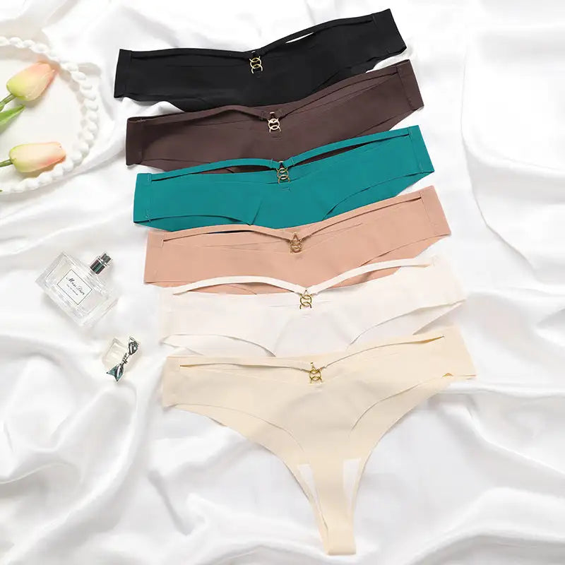 Panties Set Women Seamless Panties Sexy Low-Waist G-String Thong Ice Silk Underwear Hollow Out T-Back Solid Bandage Female Lingerie - Lootquake