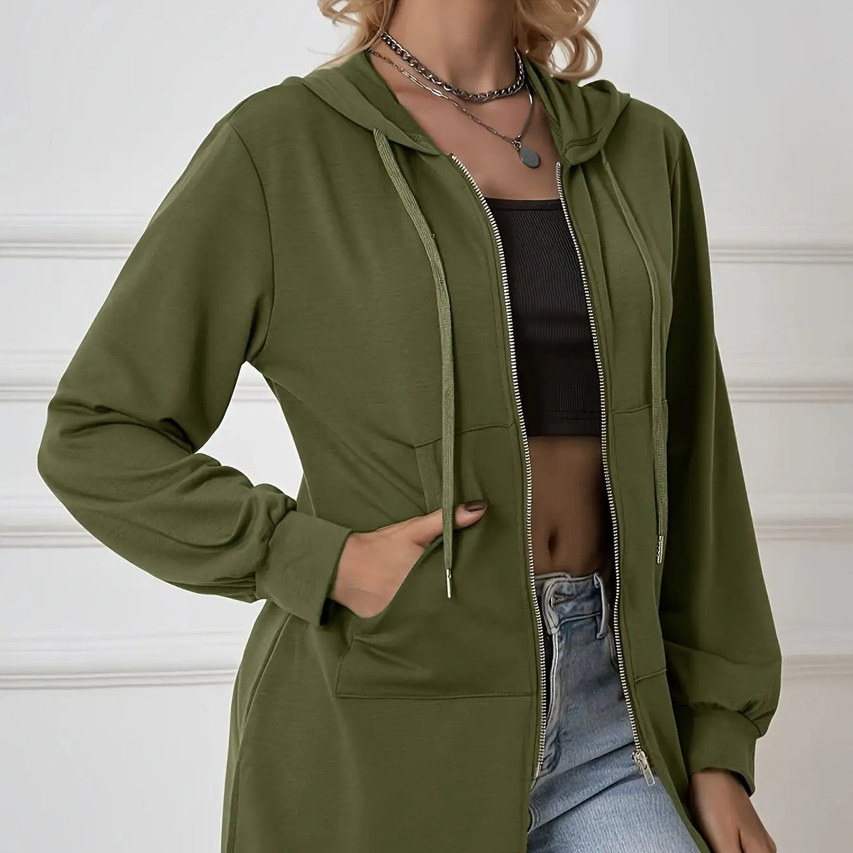 Women's Military Green Casual Sports Hooded Sweatshirt With Drawstring Zipper Jacket, Lightweight Top - Lootquake
