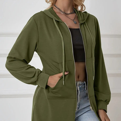 Women's Military Green Casual Sports Hooded Sweatshirt With Drawstring Zipper Jacket, Lightweight Top - Lootquake