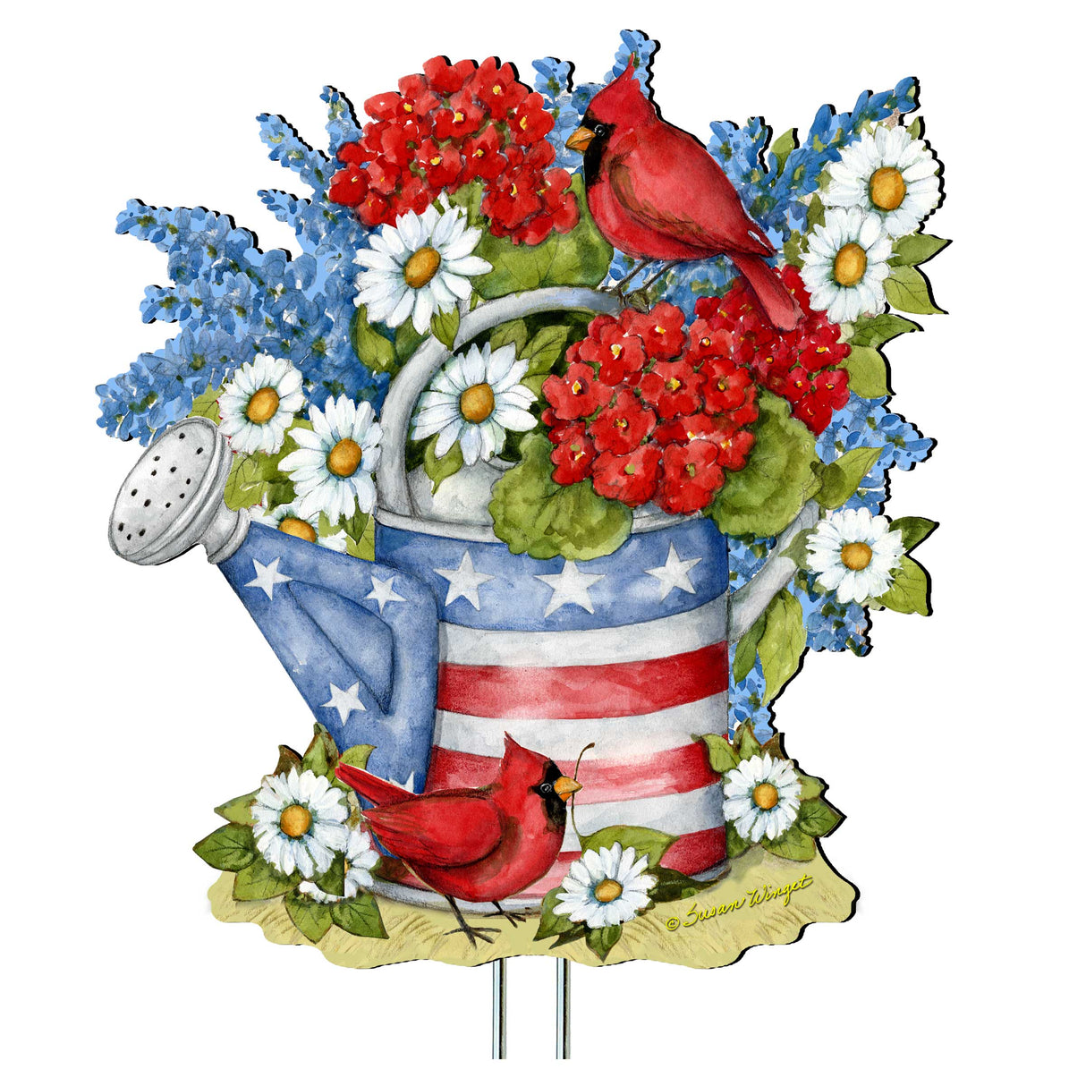 Patriotic Outdoor Garden Decor - American Watering Can Stakes - Front Yard Red and Blue Pot - Flowerpot Sign by Susan Winget - Handmade Gift - Rustic Adornment - 8471212M-SW