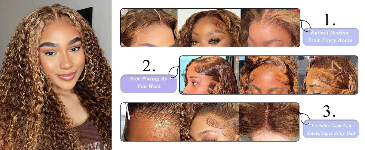 4/27 Highlight Ombre Deep Wave HD Lace Front Wig 180 Density Curly 30 nch 13x5 Brown 13x6 Lace Frontal Human Hair Wig Brazilian