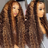 4/27 Highlight Ombre Deep Wave HD Lace Front Wig 180 Density Curly 30 nch 13x5 Brown 13x6 Lace Frontal Human Hair Wig Brazilian