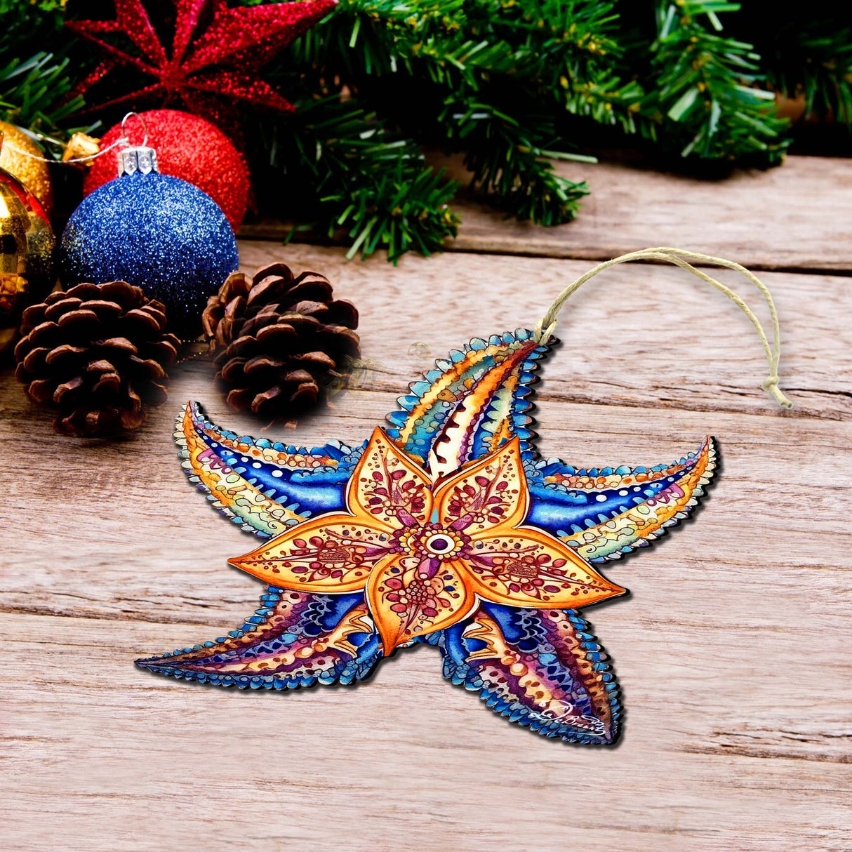 Nautical Christmas Ornaments - Mosaic Starfish Wooden Ornaments by G.Debrekht Coastal Holiday Decor - 8688180