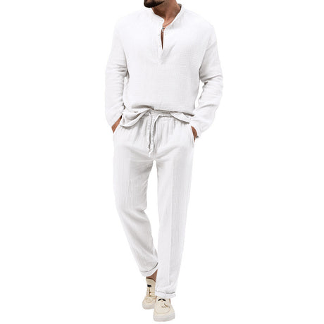 Men's Solid Color Casual Long Sleeve Shirt And Trousers Suit - Lootquake