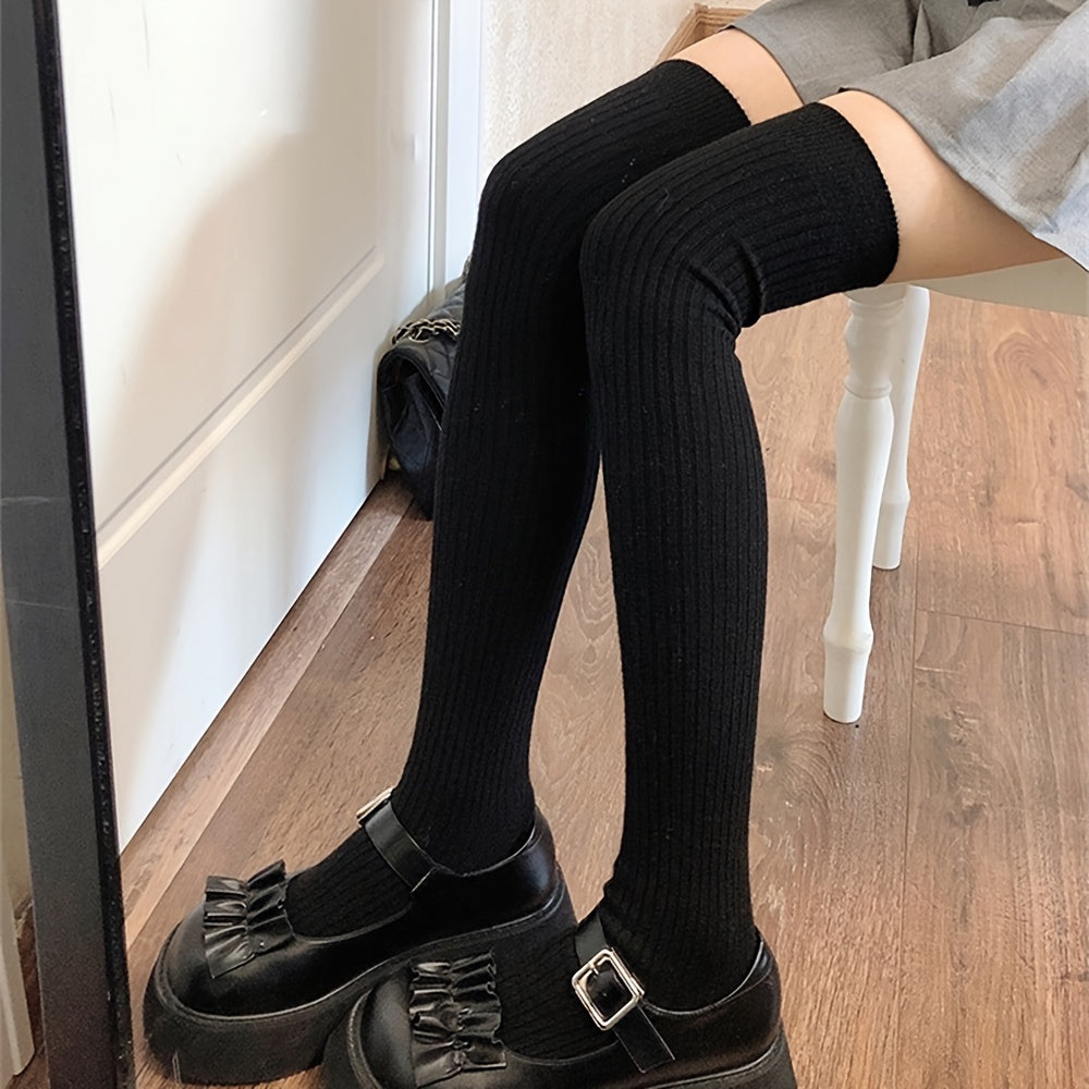 Calcetines de canalé lisos por encima de la rodilla para mujer, cómodos y cálidos, gruesos y hasta el muslo.