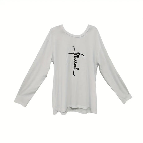 Ladies Off Shoulder Autumn Winter Letter Printed Casual White Long Sleeved T-shirt Top - Lootquake