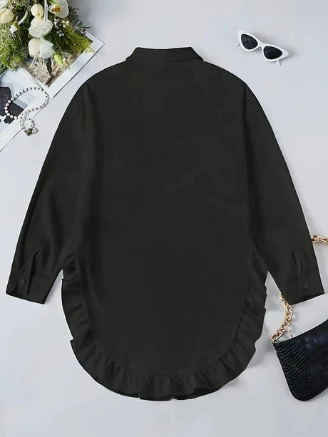 Hem Ruffled Casual Long Sleeve Shirt - Lootquake