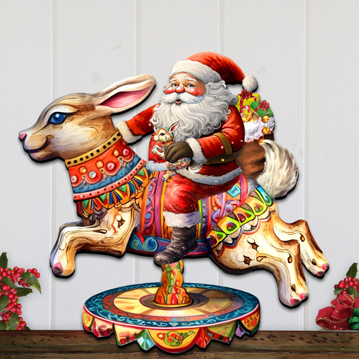 Santa Claus on Bunny Carousel Holiday Door Decor by G. Debrekht - Christmas Santa Snowman Decor - 8611067H