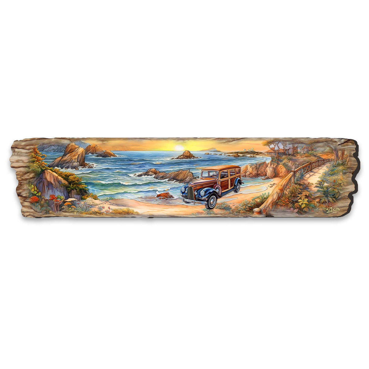 Arte mural de madera con coche retro en la playa de G. DeBrekht Coastal Decor - 8491114W
