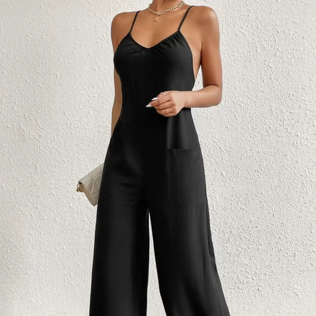 Ladies' Cross Leisure Vacation Lazy Backless Wide Leg Pants Camisole Skirt Jumpsuit - Lootquake