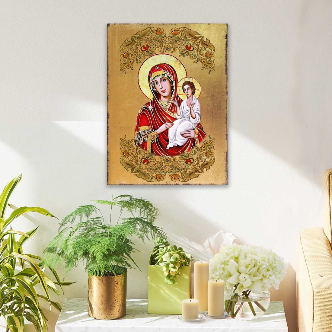 Icono sagrado ortodoxo religioso de madera bañado en oro de la Virgen María Directora - Decoración inspiradora - 85029