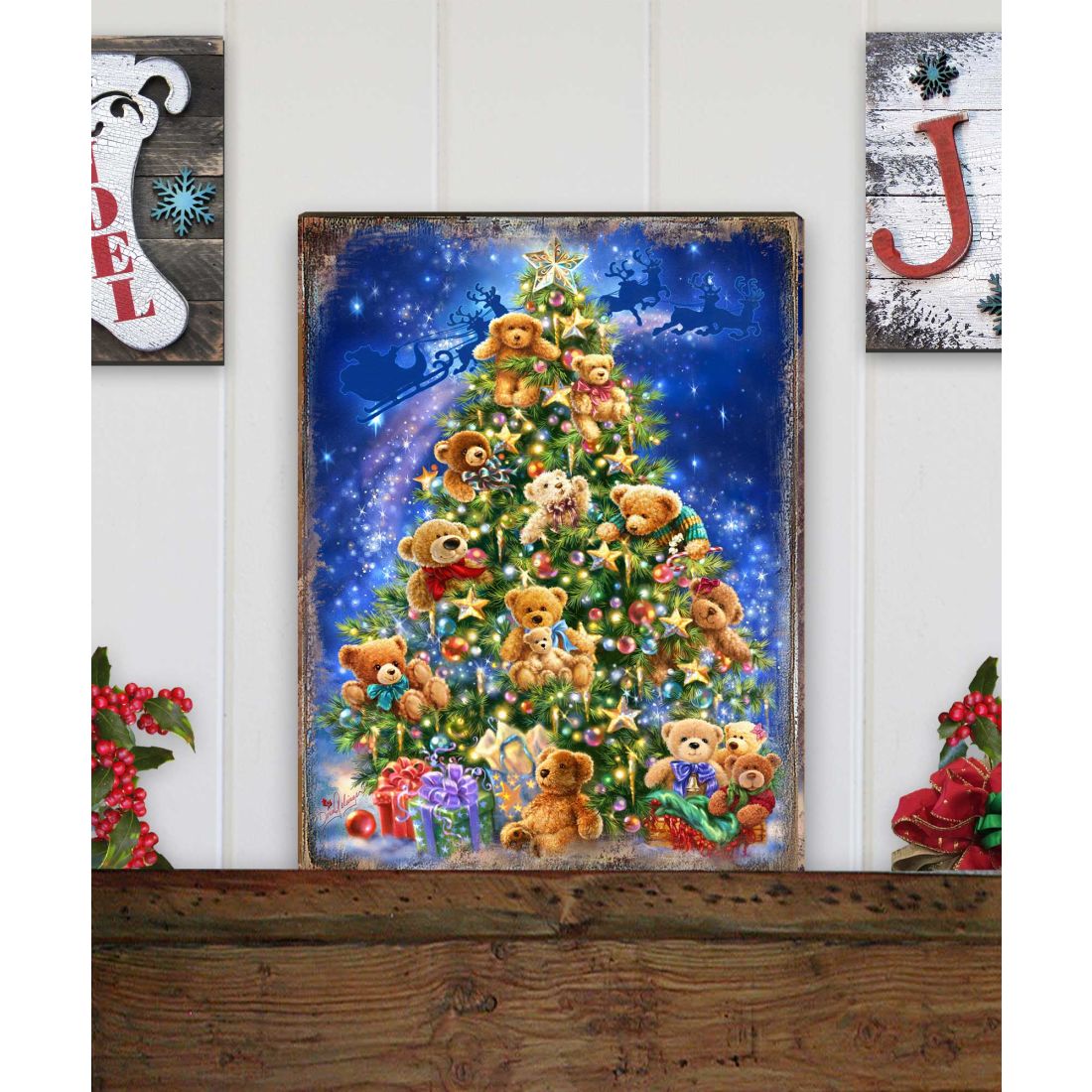 Árbol de ositos de peluche de madera, obra de D. Gelsinger - Decoración navideña de Papá Noel y muñeco de nieve - 95605B-1101