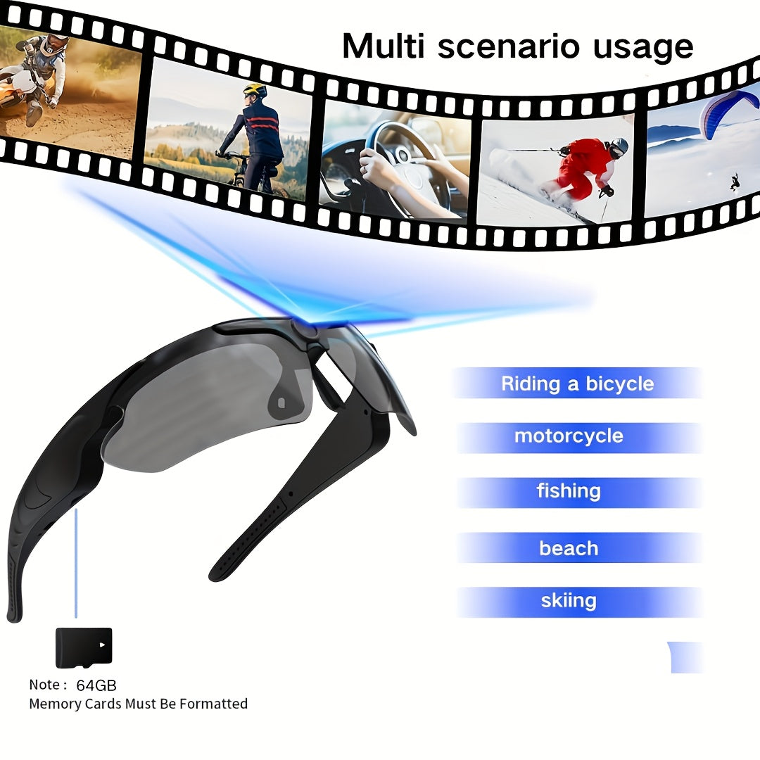 1080P HD Video Camera Glasses, Outdoor Sports DV Camera, Smart Glasses, Wide-Angle 120 ° Glasses Camera, Body Camera, Cycling, Motorcycle, Bicycle, with 64GB Storage Card