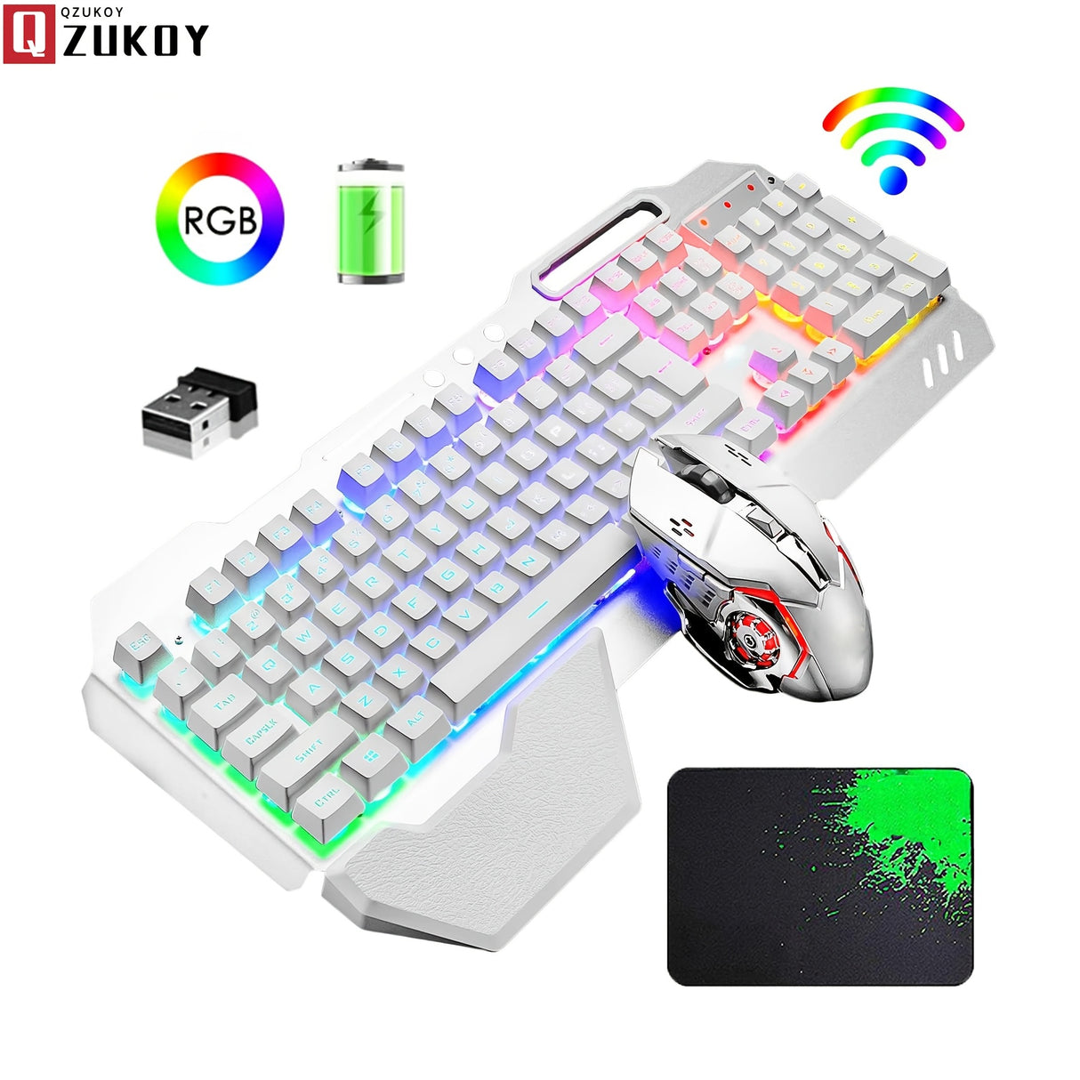 Teclado y ratón para juegos QZUKOY, inalámbricos, retroiluminados con arcoíris, recargables, con panel metálico y sensación mecánica, para portátiles y PC.