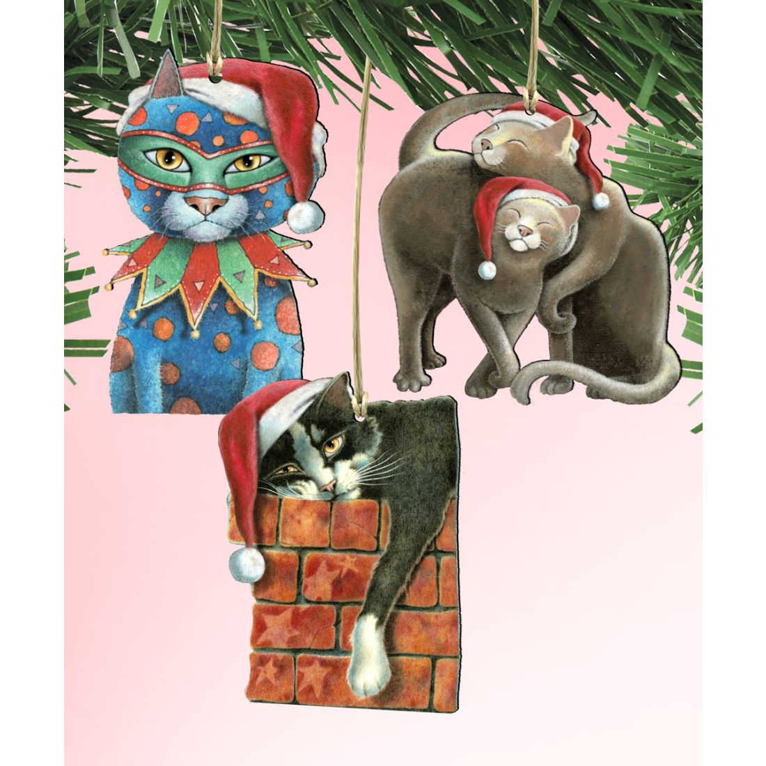 Juego de 3 adornos de madera con forma de gato para fiestas de Laura Seeley - Decoración para perros y gatos - 8100097S3-LS