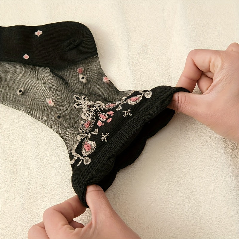 Lot de 10 paires de chaussettes en soie à broderie florale pour femmes, douces et respirantes