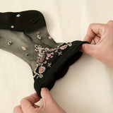 Lot de 10 paires de chaussettes en soie à broderie florale pour femmes, douces et respirantes