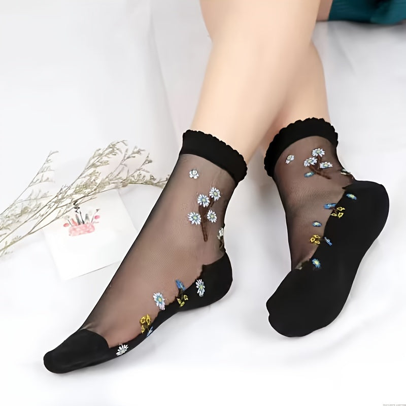 Lot de 10 paires de chaussettes en soie à broderie florale pour femmes, douces et respirantes