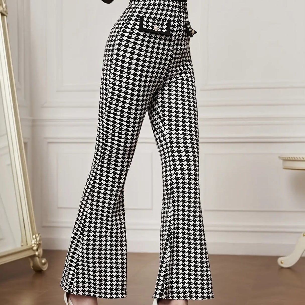 Women's Versatile Pants With Contrasting Colors, High Waisted Front Fake Pocket, Casual And Elegant Style, Hound Print Flared Pants - Lootquake