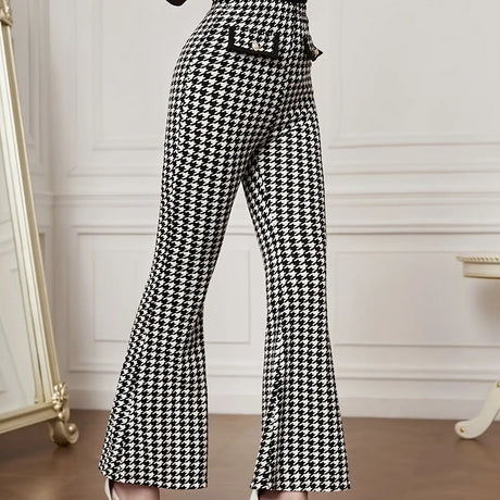 Women's Versatile Pants With Contrasting Colors, High Waisted Front Fake Pocket, Casual And Elegant Style, Hound Print Flared Pants - Lootquake