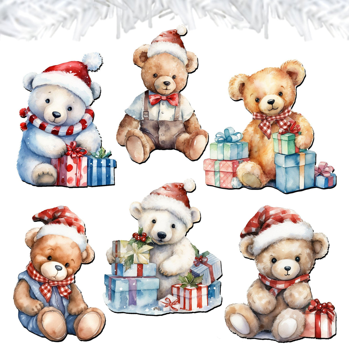 Christmas Teddy Bear Decorative Wooden Clip-on Ornaments of 6 by G. Debrekht - Christmas Decor - 8090011C-S6
