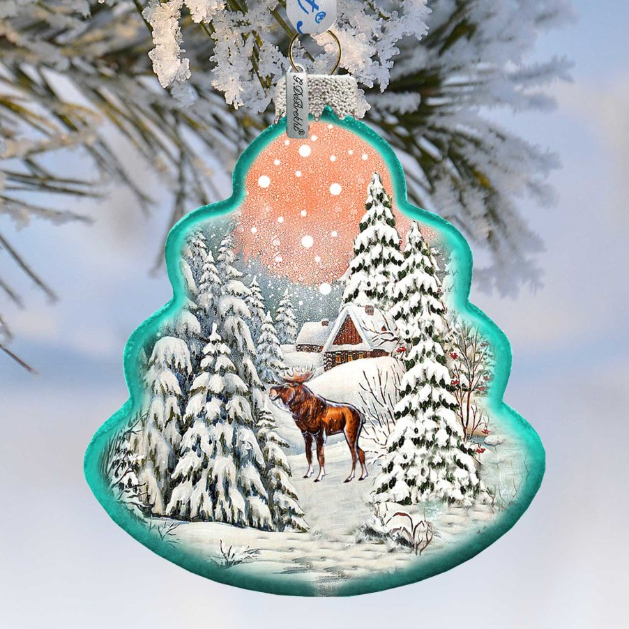 Winter Village with Moose Tree Glass Ornament by G. DeBrekht - Christmas Decor - 762-021