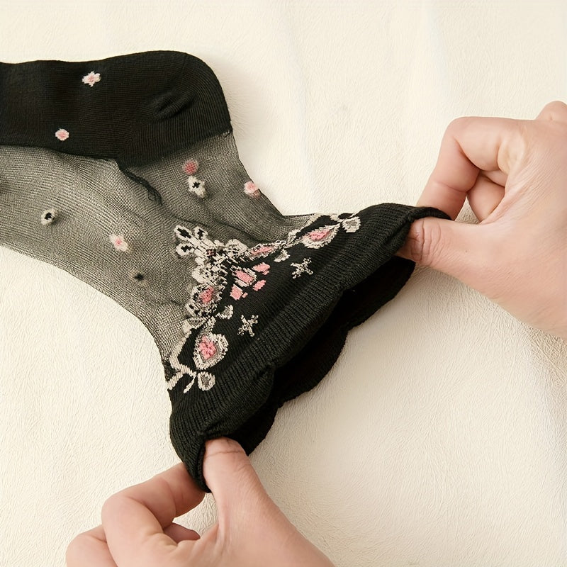 10-Pack Floral Glass Silk Women's Socks - Breathable, Durable & Luxurious, Perfect for Everyday Elegance
