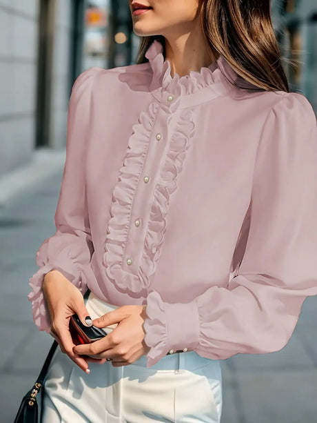 Fashionable Stand-up Collar Long-sleeved Shirt With Lotus Leaf Hem - Lootquake