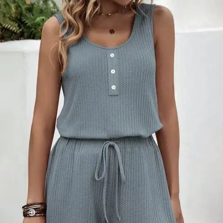 Women's Solid Color Set Knitted With Two-piece Vest Top And Drawstring Shorts Set - Lootquake