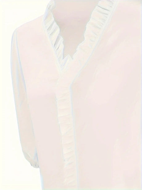 Pure Color Ruffle Hemline Shirt, Casual V-neck Long Sleeve Shirt. - Lootquake