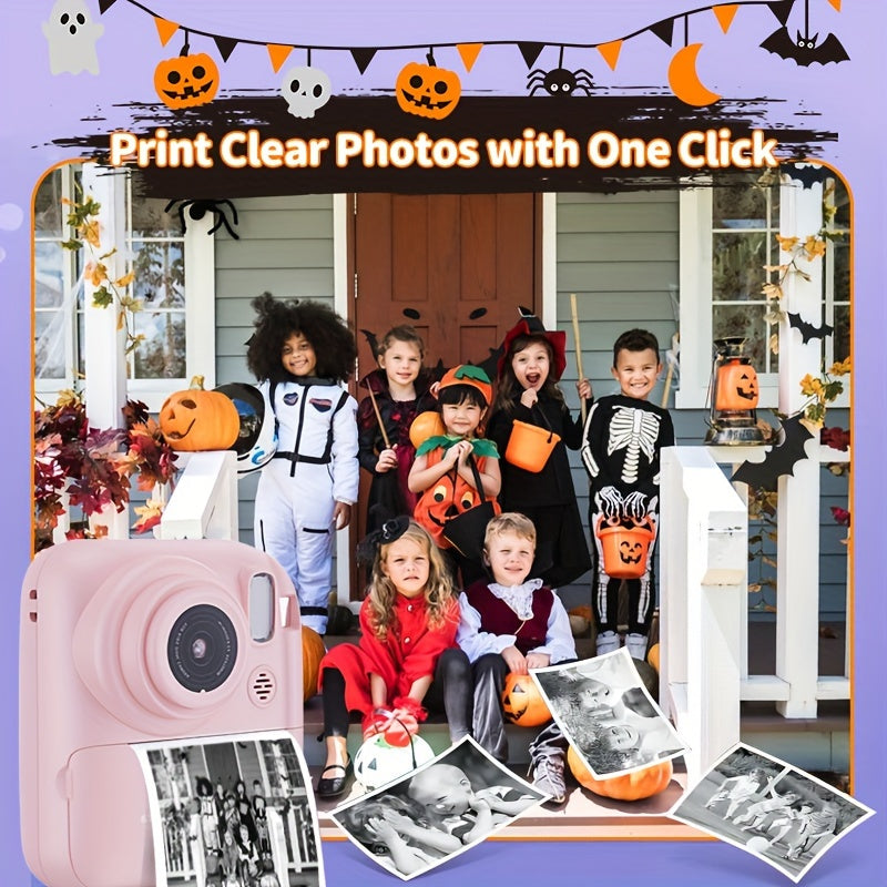 Appareil photo numérique à impression instantanée 48 MP - Mini appareil photo compact d'extérieur avec flash, Full HD 1080p, imprimante photo de dessins animés et papier d'impression pour Halloween, Noël et Thanksgiving