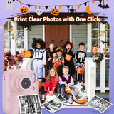 Appareil photo numérique à impression instantanée 48 MP - Mini appareil photo compact d'extérieur avec flash, Full HD 1080p, imprimante photo de dessins animés et papier d'impression pour Halloween, Noël et Thanksgiving