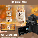 Cámara de video 6K de 64 MP con zoom de 18x, visión nocturna por infrarrojos, pantalla táctil de 4 pulgadas, wifi, micrófono y control remoto.