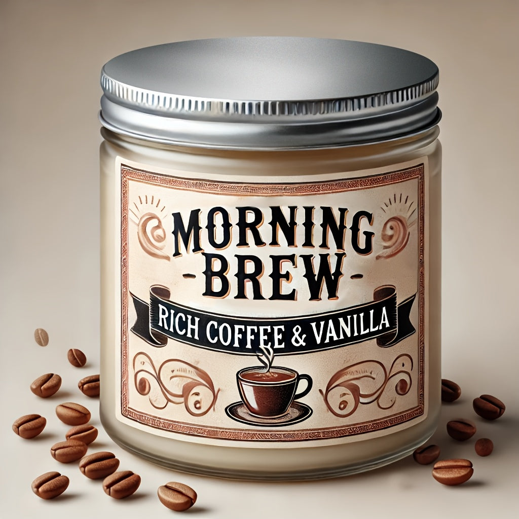 Morning Brew Rich Coffee & Vanilla Scented Candle, Hand-Poured Soy Wax, Single-Wick, Resin Jar with Glitter Embellishment, for Home Aromatherapy, Stress Relief, Decorative Gift for Holidays - Christmas, Easter, Thanksgiving,