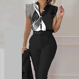Ladies' V-neck Button Up Petal Sleeve Printed Off Shoulder Shirt Set - Lootquake