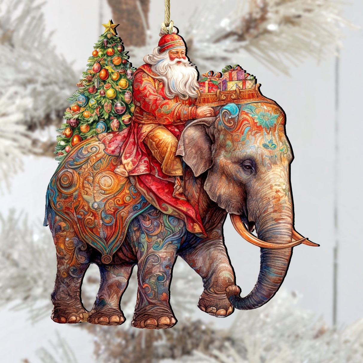 Adornos de madera de Papá Noel sobre un elefante de G. Debrekht. Decoración navideña de Papá Noel y muñeco de nieve - 8611043-2