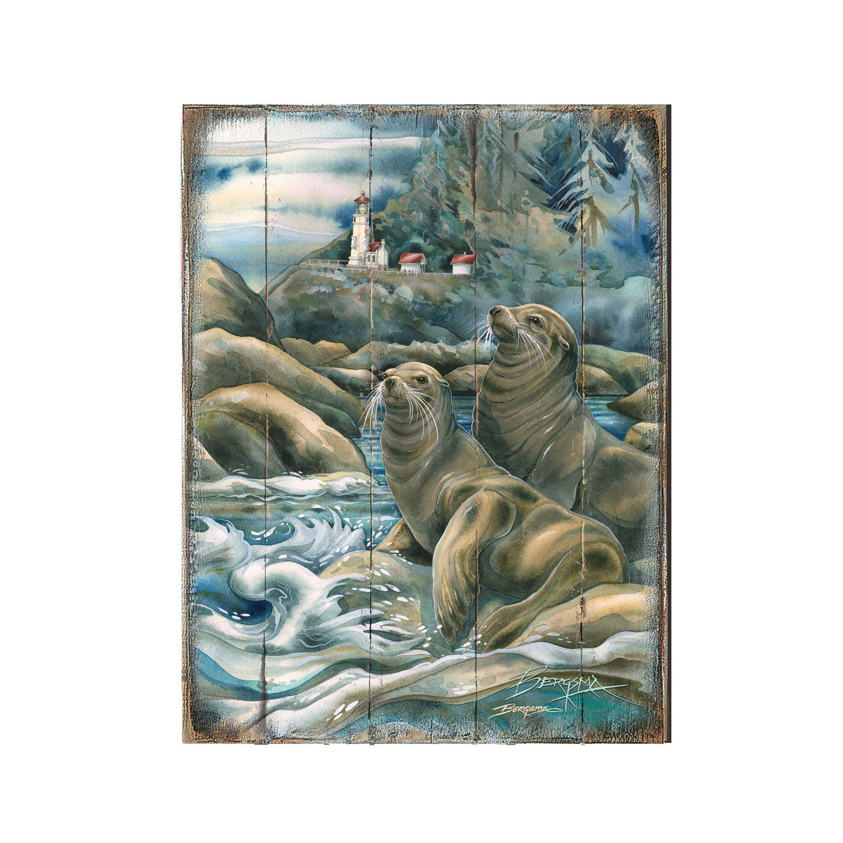 Leones del Mar, Cuevas del Faro, Arte mural de madera de J. Bergsma - Decoración de vida silvestre - 8592883BP-JB