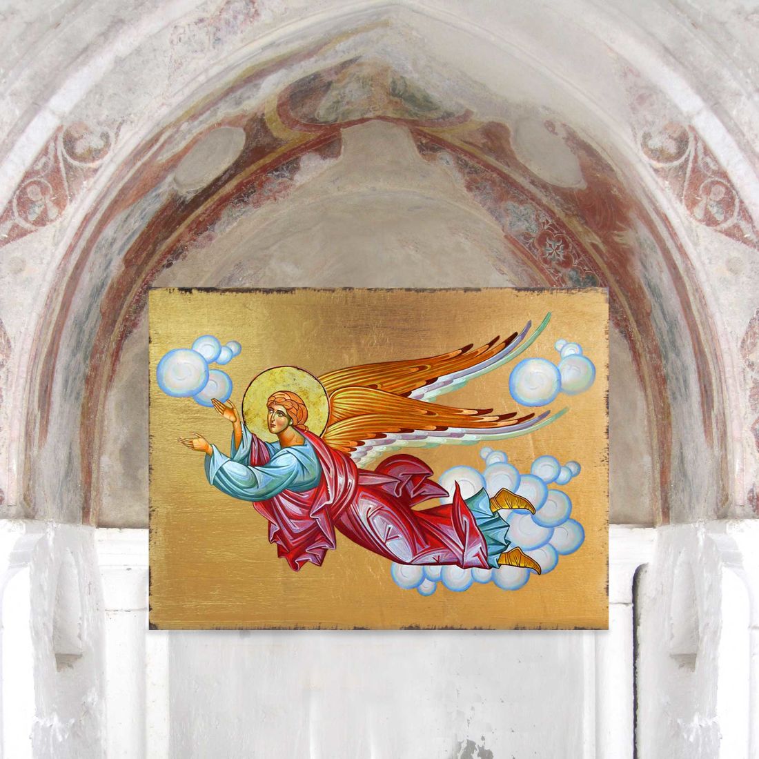 Ángel Volador de Madera, Dorado, Icono Sagrado Cristiano Religioso - Decoración Inspiradora - 85034