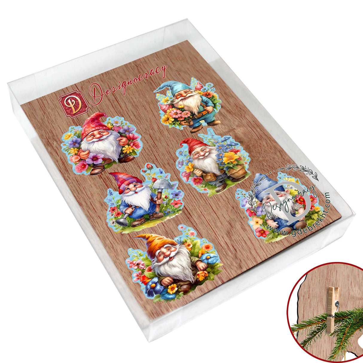Garden Gnomes Decorative Wooden Clip-on Ornaments Set of 6 by G. Debrekht - Christmas Decor - 8090030C-S6