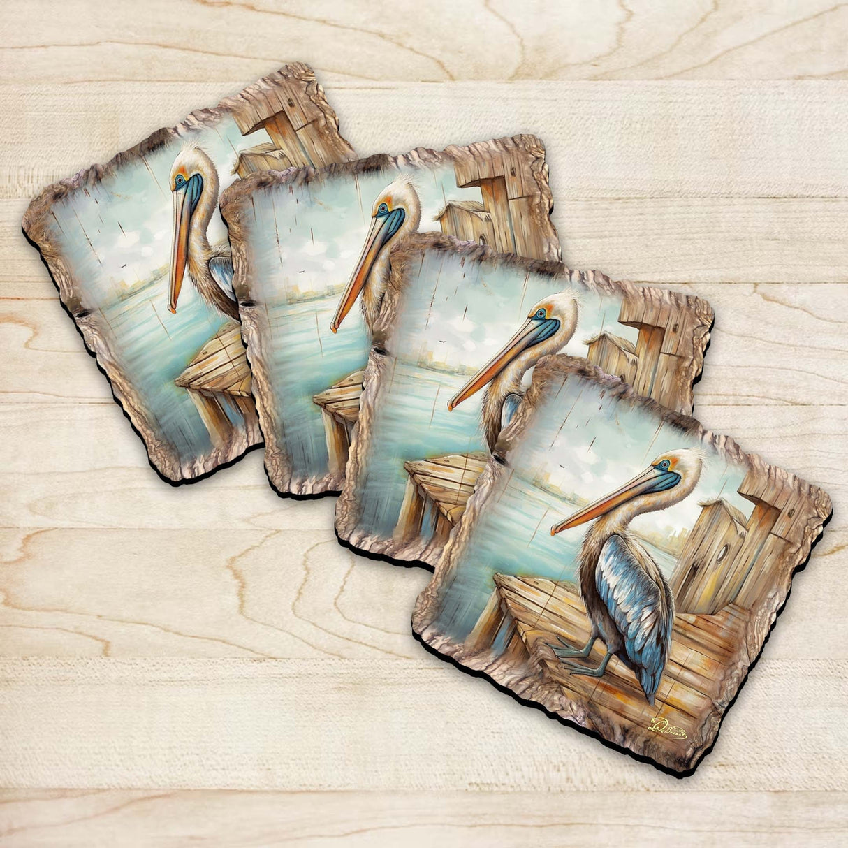 Pelican Wooden Cork Coasters Gift Set of 4 by Nature Wonders Coastal Nature Wildlife Decor  - 95388C-S4