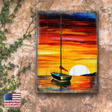 Arte mural costero de madera con atardecer en velero Alberty de Nature Wonders - Decoración costera de vida marina - 95323B